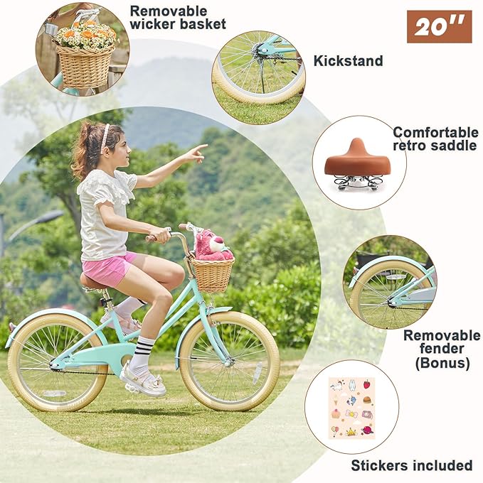 Glerc Little Molly 12-20 Inch Kids Retro Cruiser Bike for 2-13 Year Old with Wicker Basket & Training Wheels/Kickstand, Multiple Colors