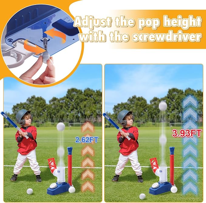 EagleStone Baseball Tee，T-Ball Set for Kids Ages 3-5, Toddler Baseball Set with Step-On Pitching Machine, Adjustable Batting Tee, Bat and 6 Balls - Perfect Outdoor Christmas Toys Gift for Boys