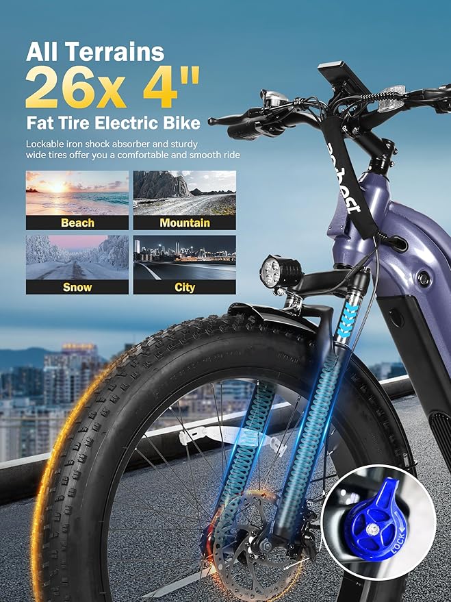 Electric Bike for Adults with Peak 1500W Brushless Motor,65Miles 28MPH Electric Mountain Bike, 624Wh Removable Built-in Battery Ebike, 26"×4 Fat Tires Ebikes for Adults,7 Speed,Front Suspension