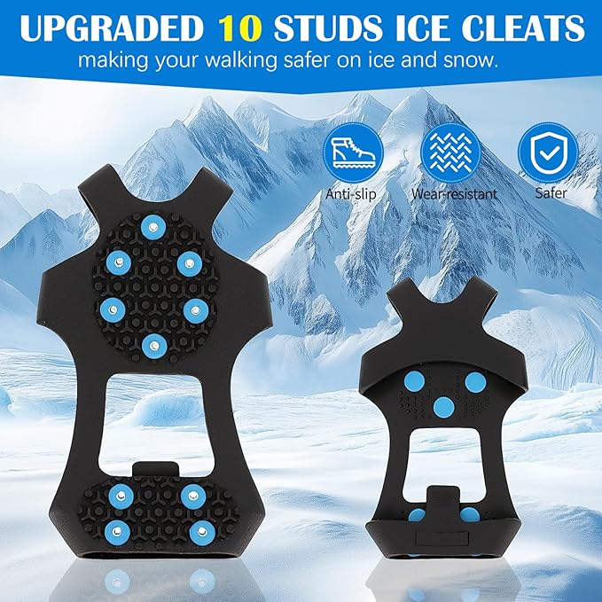 Anti Slip Ice Cleats, Ice Snow Traction Cleats for Walking on Snow and Ice, 10 Steel Studs Crampons, Ice Snow Grips with Extra 20 Replacement Studs for Shoes and Boots