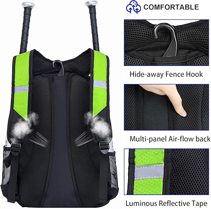 Baseball Bag Softball Backpack - Youth Adult T Ball Bat Equipment Bag with Bat Helmet Holders, Shoe Compartment