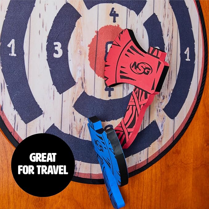 NSG Tomahawk Toss - Foam Axe Throwing Game for Kids - Two Lightweight Axes with Large Easy Stick Target, Wood/Black/red/Blue (JS7000)