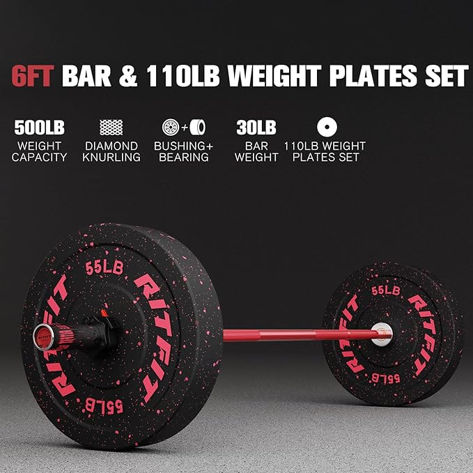 RitFit Barbell Weight Set - 4/6FT Olympic Barbell with Weight Plates (55-275LB Total) - Weightlifting Equipment for Squats, Curls, Deadlifts, Presses, Hip Thrusts