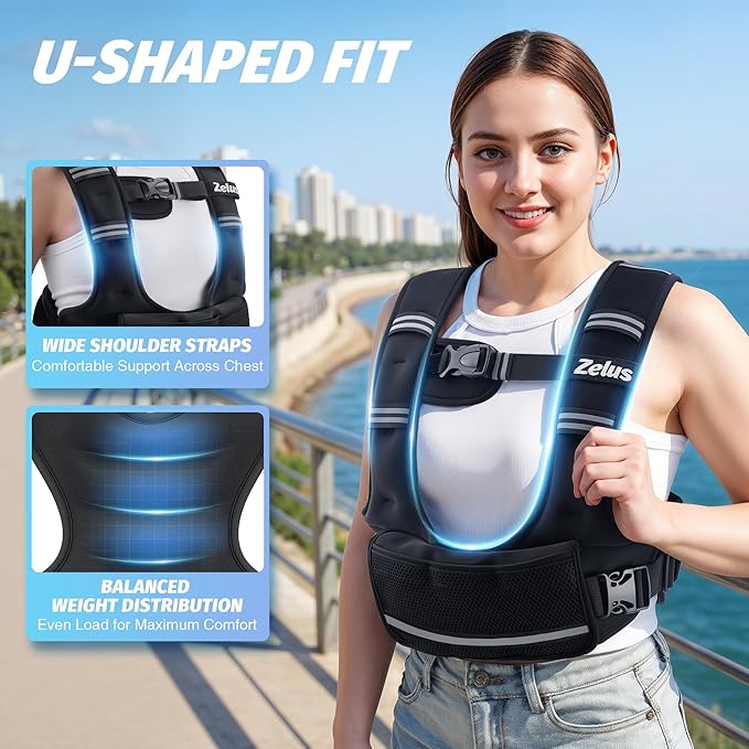 ZELUS Weighted Vest for Women Men, 4-10lb/11-20lb/20-32lb Adjustable Weight Vest with 6 Iron Sand Bags, U-Shaped Rucking Vest with Adjustable Buckle Straps, Workout Vest for Strength Training, Black