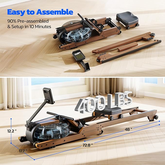 Dripex Water Rowing Machines for Home Use, Foldable Row Machine with 400LBS Weight Capacity, Rower Machine with Dedicated LCD Monitor, Comfortable Seat, Bluetooth App Compatible for Home Gym Exercise