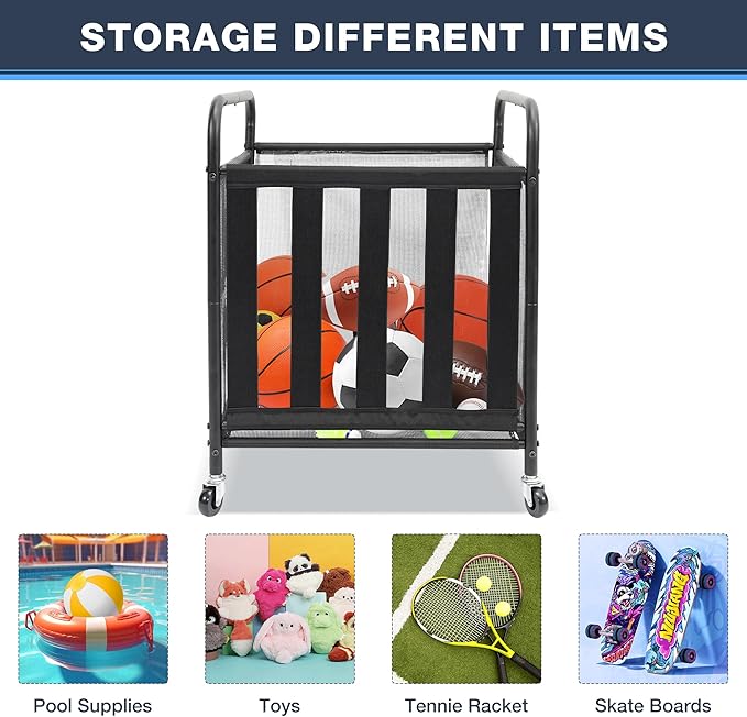 STO STO Rolling Sports Ball Storage Cart, Lockable Basketball Cage with Elastic Straps, Sport Equipment Holder Organizer for Indoor Outdoor, Steel Storage Rack for Playgroup and Gym