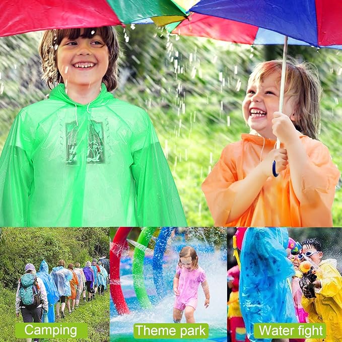 Ponchos for Kids, Disposable Rain Ponchos Multi-Colored Raincoat for Camping Hiking Traveling Backpacking for Boys Girls, 4 Pack