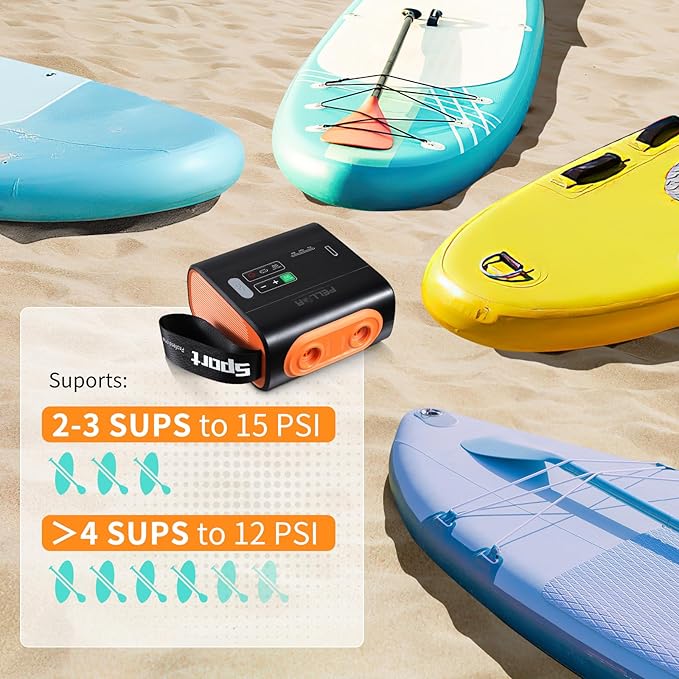 PELLOR Electric Paddle Board Pump, 22PSI High Pressure SUP Electric Air Pump,Intelligent Dual Stage Inflation & Deflation, Auto-Off Air Pump for Stand Up Paddle Boards, Kayaks,Mattress,Tents