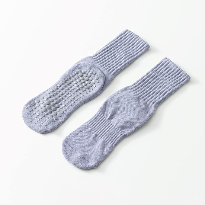 Yoga Pilates Socks with Grips for Women Non Slip Solid Colored Fleece Cushioned Mid Calf Crew Socks for Barre Ballet Dance