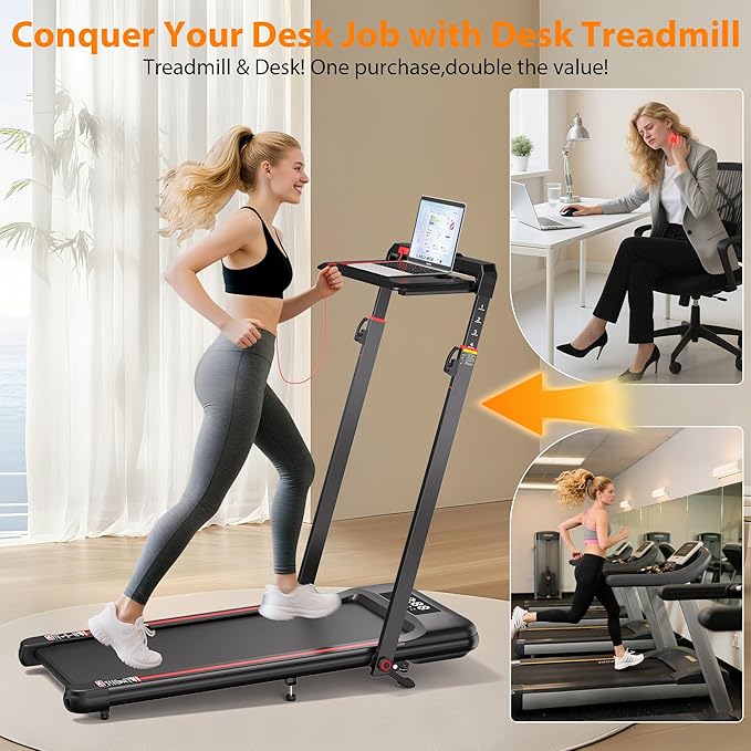 Walking Pad Treadmill with Desk Workstation, 3.0HP Under Desk Treadmills with 8% Incline Handle Bar, Foldable Portable Treadmill for Home Office, 300lbs Capacity, Remote Control, APP