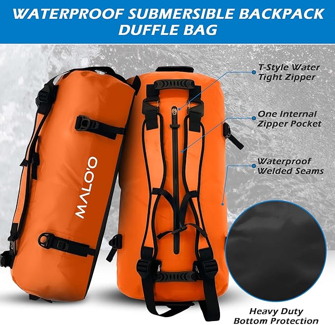 Malo'o Airtight Waterproof Adventure Duffle - Ideal for Kayaking, Camping, Beach, Fishing, Boating, Hiking - Water-Tight Zipper