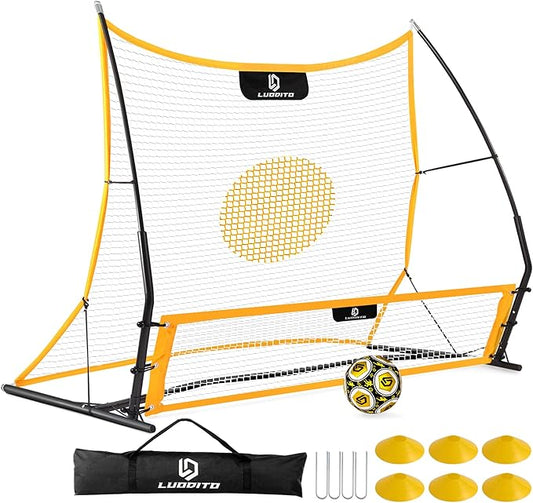 Soccer Rebounder Net, 2-in-1 Soccer Trainer, Soccer Training Equipment for Solo Passing Volley Control Practice, 6'x4.7' Large & 6'x16 Small Soccer Bounce Back Net with Ball, Carry Bag, Cones