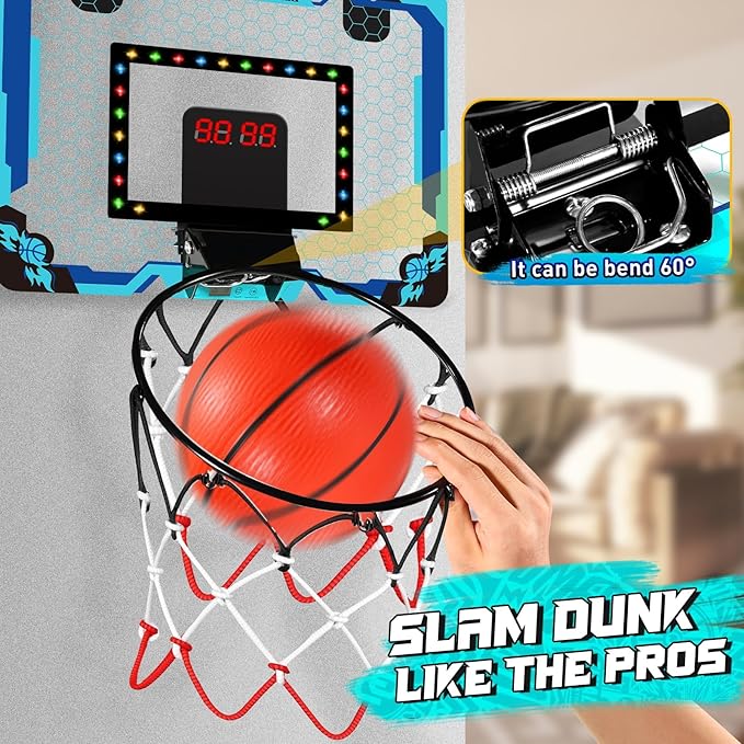 Basketball Hoop Indoor with Electronic Scoreboard & Timer, LED Light Mini Basketball Hoop for Kids, Over The Door, Basketball Gifts Toys for 3-12 Year Old Boys Girls (Blue)
