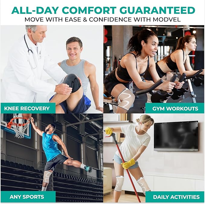 Modvel 2 Pack Knee Brace for Women & Men - Workout Knees Compression Sleeve for Knee Pain Relief Joint Support for ACL, Arthritis, Meniscus Tear Knees Brace for Sports, Rodilleras para Gym Fitness