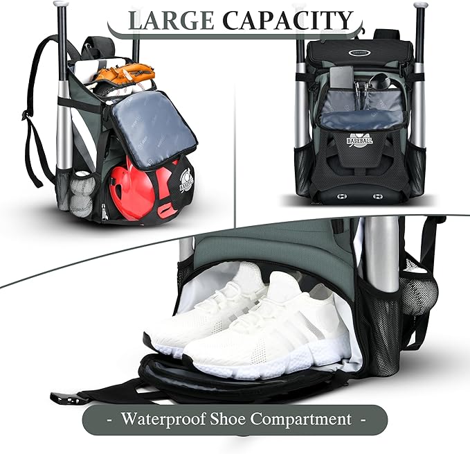 Baseball Backpack for Adult and Youth, Large Capacity Lightweight Softball Bag With Shoe Compartment and Fence Hook for TBall Bat & Equipment, Waterproof for Helmet, Gloves