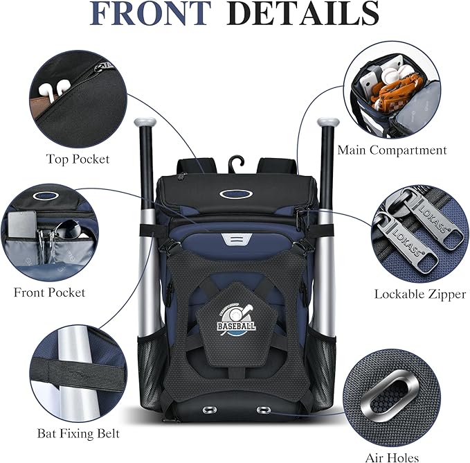 Baseball Backpack for Adult and Youth, Large Capacity Lightweight Softball Bag With Shoe Compartment and Fence Hook for TBall Bat & Equipment, Waterproof for Helmet, Gloves