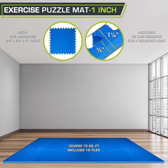 ProsourceFit Extra Thick Puzzle Exercise Mat 1", EVA Foam Interlocking Tiles for Protective, Cushioned Workout Flooring for Home and Gym Equipment, Blue 3-pack