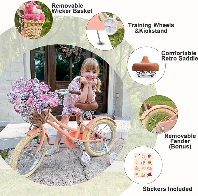 Glerc Little Molly 12-20 Inch Kids Retro Cruiser Bike for 2-13 Year Old with Wicker Basket & Training Wheels/Kickstand, Multiple Colors