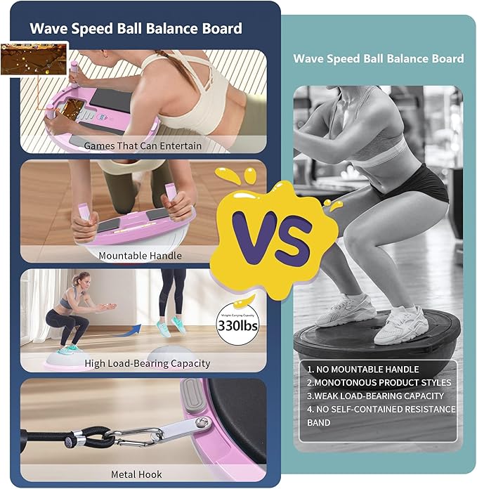 ZPZ Half Balance Ball Trainer, Compact Portable Inflatable Exercise Yoga Stability Ball with App-Based Balance Game, Pilates Resistance Bands, Foot Pump, Non-Slip Base for for Full-Body Workouts, Home Gym & Easy Storage (18.3 Inch Pink)
