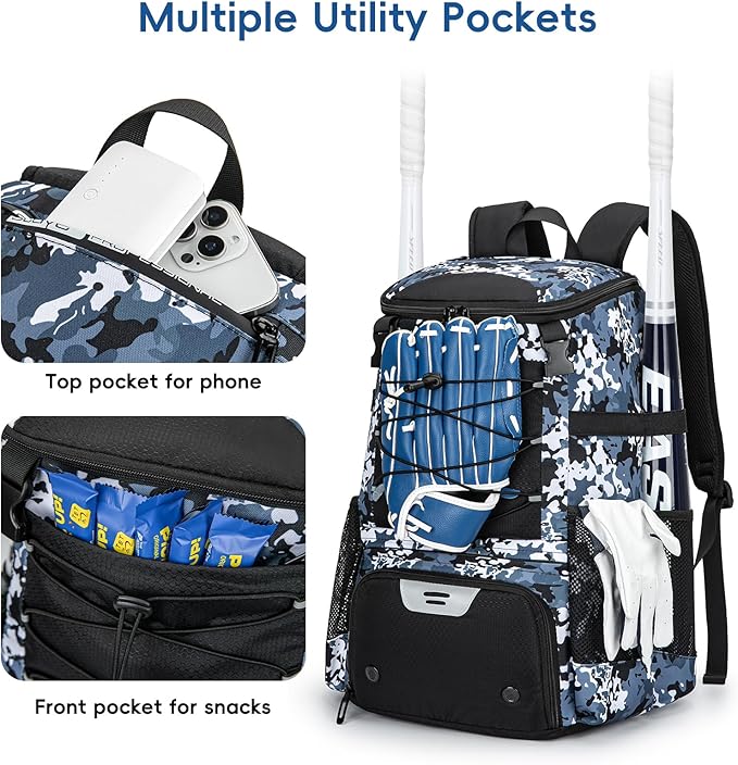 Baseball Bag for Youth and Adult, Softball Backpack 40L Large Capacity, Bat Backpack with Shoes Compartment and Hidden Helmet Holder