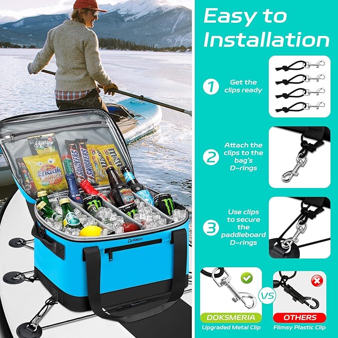 Paddle Board Cooler Waterproof, Super Capacity SUP Paddleboard Deck Cooler with Shoulder Strap & 6 Elastic Rope Clips, Paddle Board Accessories Bag for Stand Up Paddleboard and Kayak