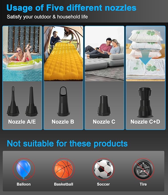 BEAUTYOVO Air Pump for Inflatables, Electric Air Pump with Rechargeable Battery, Tiny and Portable Air Mattress Pump with Camping Light, Quick Inflate Deflate Pump for Pool Floats