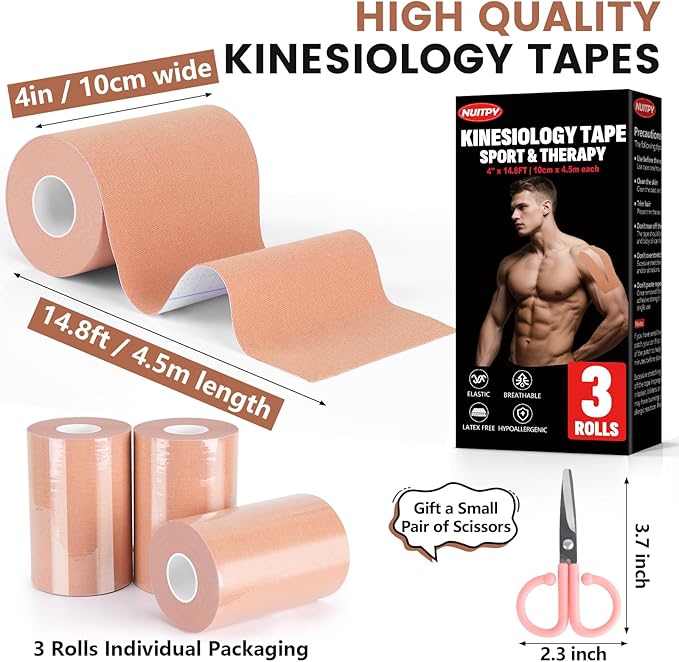 3 Rolls Kinesiology Tape, 4 inch x 14.8 Feet Waterproof Athletic Tape, Uncut Kinetic Tape, Elastic Muscle Tape, Sports Tape, Knee Tape for Exercise and Daily Use - Skin Color