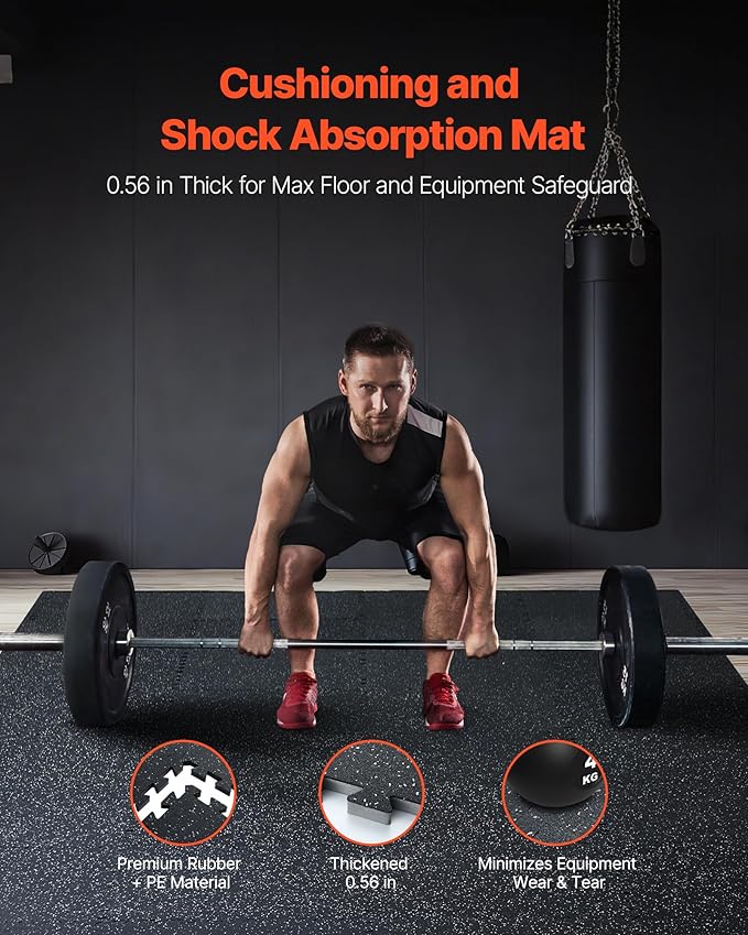 VEVOR 0.56 Inch Thick Gym Floor Mats, Rubber Top with EVA Foam, 25" x 25" Gym Flooring Workout Mats, Interlocking Puzzle Gym Mats for Gym, Home, Garage