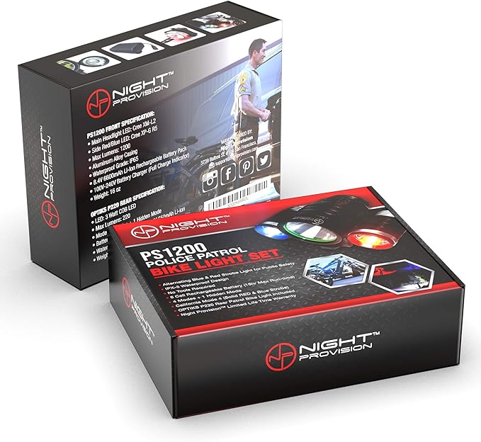 PS1200 Front & OPTIKS P220 Rear Police Patrol Bike Light - Red/Blue Strobe LED - Rechargeable - Water Proof - 5 Modes - for Professional Use Only