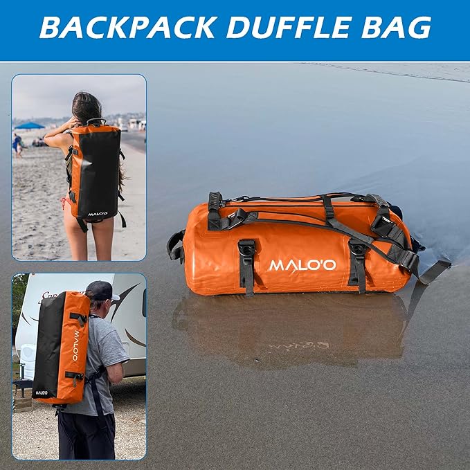 Malo'o Airtight Waterproof Adventure Duffle - Ideal for Kayaking, Camping, Beach, Fishing, Boating, Hiking - Water-Tight Zipper