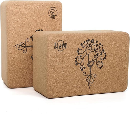 U&M Cork Yoga Blocks 2 Pack Set,Natural Cork High Density 9"x6"x4" Yoga Blocks Odor-Resistant Non-Slip for Yoga, General Fitness, Pilates, Stretching and Toning