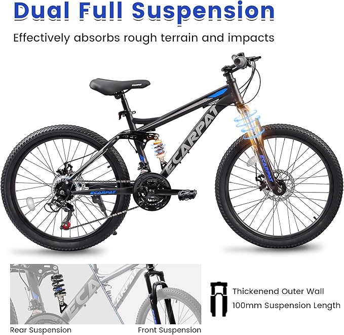 26 Inch Mountain Bike Dual Suspension for Mens Boys, 21 Speeds Steel Women Girls Mountain Bike Summer Travel Trip, Disc Brakes Adult Teens Sport Men Women Bicycle for Trail Commuter City Road
