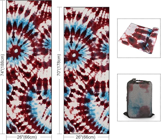 Colorful Star Large Yoga Towel with Corner Pockets, Non Slip Grip Dots Sweat Absorbent Hot Yoga Mat Towels, Yoga Blankets with Travel Bag, Mat Cover for Workout, Gym, Fitness - 74"x26", Bold Tie-dye