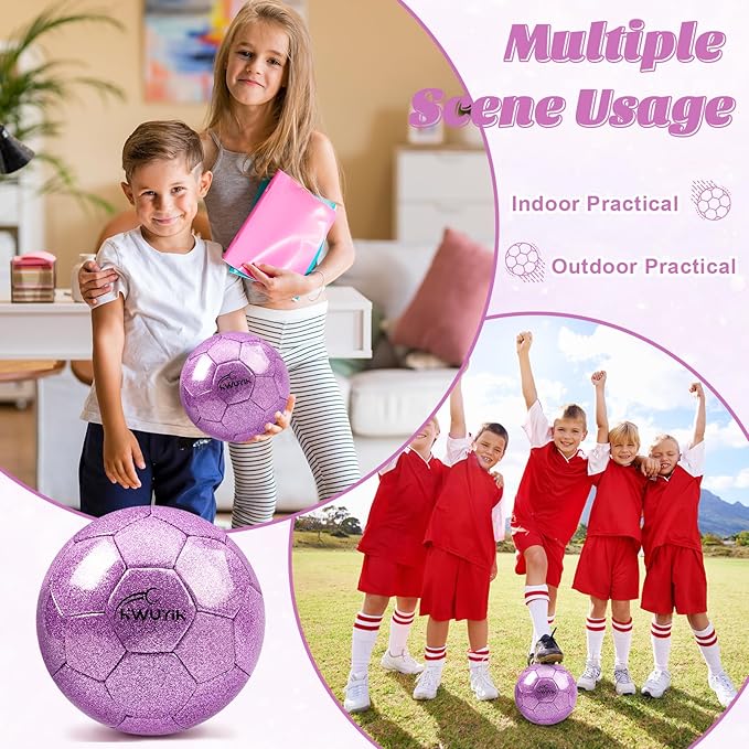 Size 3 4 5 Glitter Pink Gold Purple Soccer Ball Set with Pump Youth Soccer Ball for Kids Aged 4-6 6-8 8-12 Toddler Soccer Ball Soft Training Ball Practice for Teens Children Adults Boys Girls