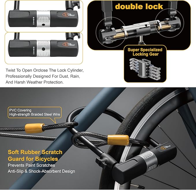 Bike U Lock with Cable - Via Velo Heavy Duty Bicycle U-Lock,14mm Shackle and 10mm x1.8m Cable with Mounting Bracket for Road, Mountain, Electric & Folding Bike