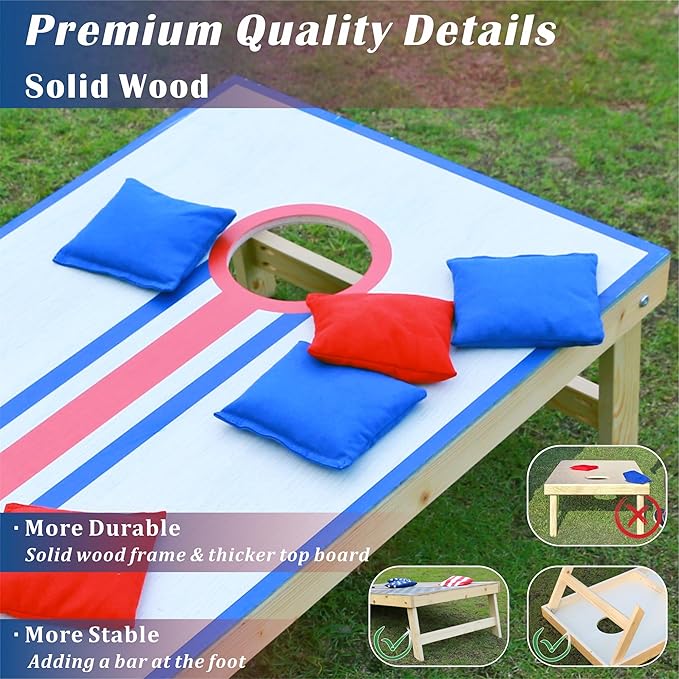Cornhole Board Set 4FTx2FT Solid Wood Regulation Size Cornhole Set Includes 8 Cornhole Bags for Adults
