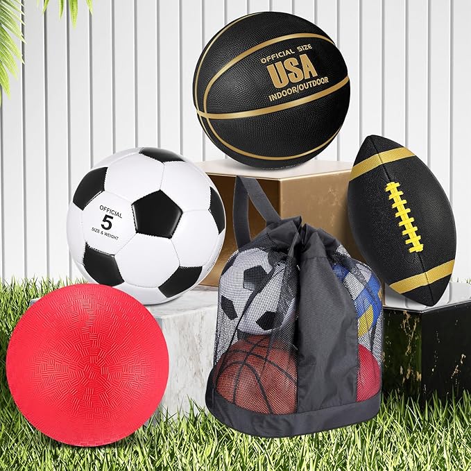 Lenwen 4 Pcs Sports Balls Set, Include Official Size Basketball Soccer Football Playground Ball Pump Equipment Bag Recess Equipment Sport for Teen Adult Gift Back to School