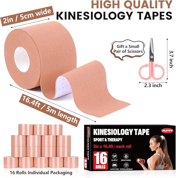 16 Rolls Kinesiology Tape, 2 inch x 16.4 Feet Waterproof Athletic Tape, Uncut Kinetic Tape, Elastic Muscle Tape, Sports Tape, Knee Tape for Exercise and Daily Use - Skin Color