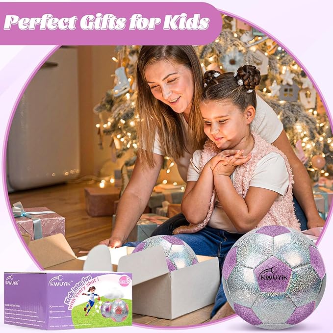 Soccer Ball Size 3 4 5 Glitter Pink Purple Silver with Pump Toddler Soccer Ball for Kids Aged 3-6 6-8 8-12 Outdoor Training Ball for Girls Boys Children Youth Teens