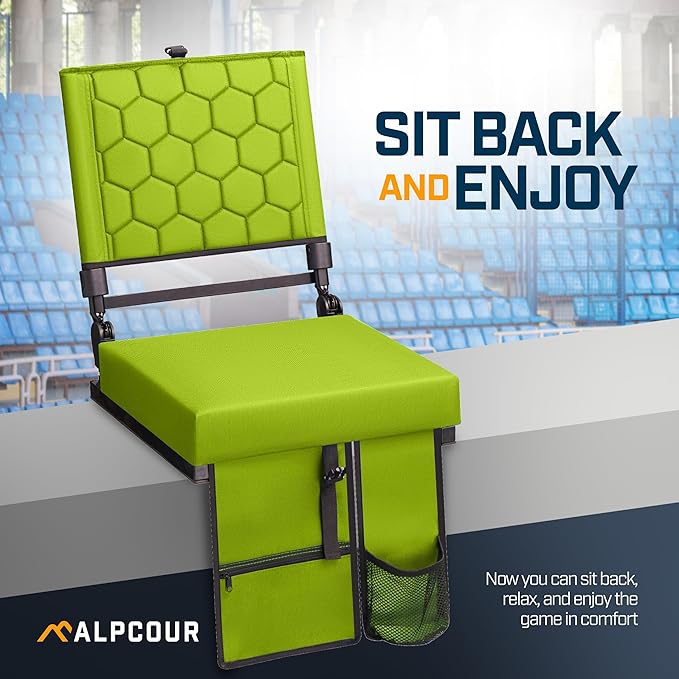 Extra Wide Folding Reclining Stadium Seat with Back Suppot for Bleachers, Bleacher Hooks, Thick Cushion, Cup Holder, Storage Pockets – Portable Chair for Kayak, Canoe, Paddle Board, Concerts, & Sports