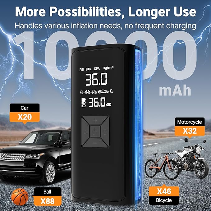 Tire Inflation Portable Air Compressor, 6x Speed 150 PSI Cordless Multi-Function Smart Air Pump with Digital Pressure Gauge - Fast Tire Inflator for Cars, Motorcycles, Pickup, Balls and More