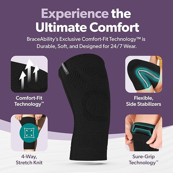 BraceAbility Knee Compression Sleeve - Knit Knee Pain Brace for Men and Women, Arthritis Relief, Meniscus Tear, Running, Workout, Sports, Swelling, Athletic Support for Joint Stability (M/L Black)