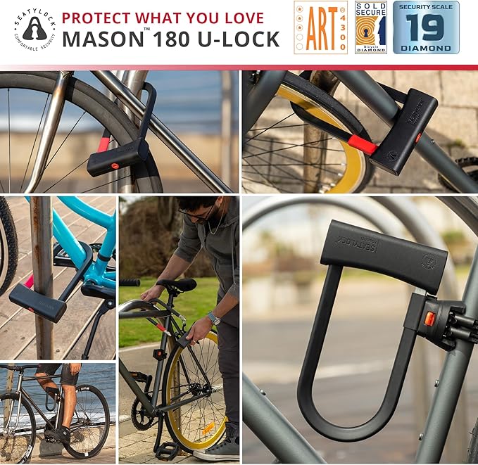 Seatylock Mason Bike U Lock - Patented Heavy Duty Anti Theft Diamond Secure ULock - Ultra Security Bicycle Safety Tool with Keys for City Electric or Mountain Bikes and Scooters
