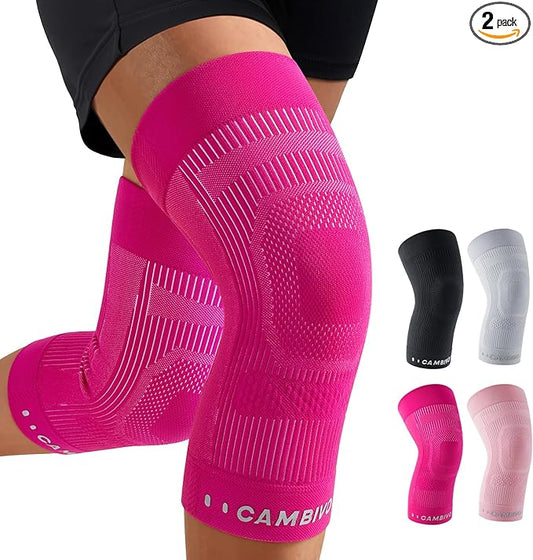 CAMBIVO Elite Motion Series Knee Brace for Women and Men (2 Pack), Ultra-Thin Lightweight Knee Compression Sleeve with Reflective Design for Pain Relief, Running, Workout, Daily Use (Hot Pink, Medium)