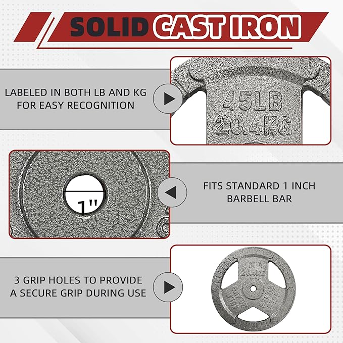 Cast Iron Gym Weight Plates | 1" and 2" Olympic Bumper Plates for Weightlifting, CrossFit, Deadlift, and Squat