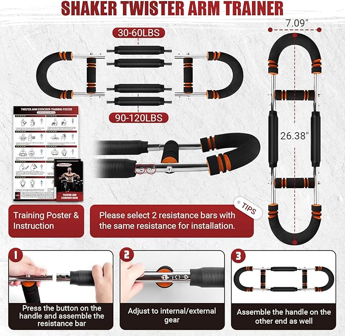 Twister Arm Trainer, Adjustable Twister Arm Chest Exerciser with 2/4 Spring & Training Poster for Men & Women, Detachable Power Twister Home Fitness Equipment for Enhancing Upper Body Muscle