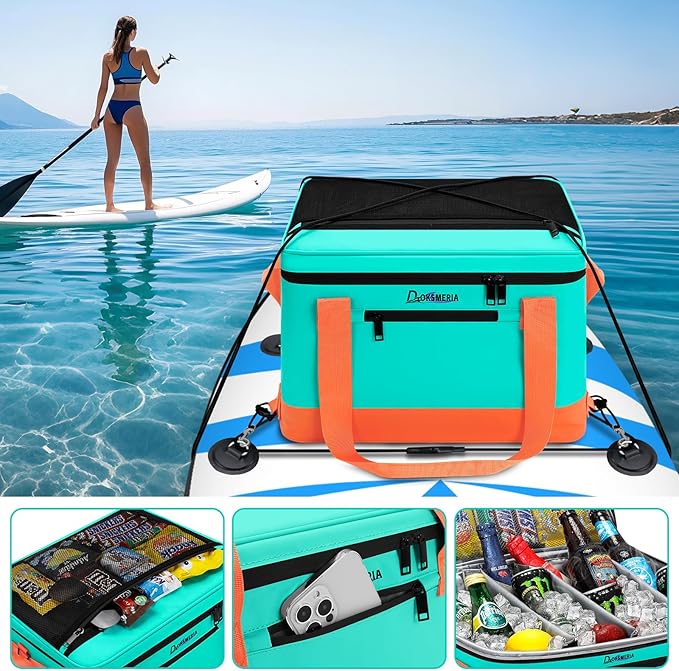 Paddle Board Cooler Waterproof, Super Capacity SUP Paddleboard Deck Cooler with Shoulder Strap & 6 Elastic Rope Clips, Paddle Board Accessories Bag for Stand Up Paddleboard and Kayak