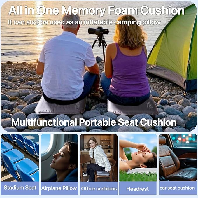 Inflatable Seat Cushion Lightweight Self-Inflating Memory Foam Cushion for Stadium Camping Bleachers Airplane Travel Waterproof Portable Blow Up,Gray