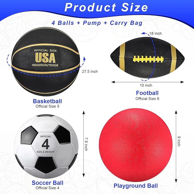 Deekin 4 Pcs Sport Balls Set for Kids Teens, Include Official Size 5 Basketball 4 Soccer 6 Football Playground Ball and Pump Sports Equipment Bag Recess Equipment Sport for Students(Classic Color)