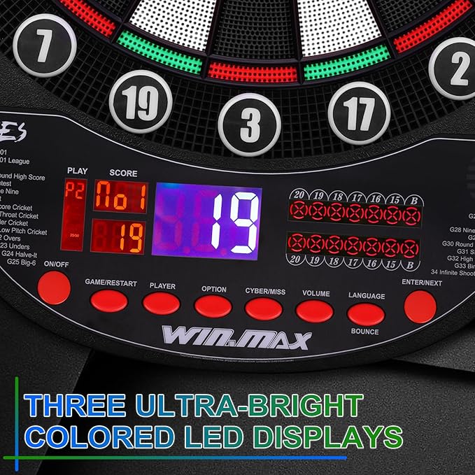 WIN.MAX Electronic Dart Board Soft Tip Dartboard Set LED Displays 3 Languages with 12 Darts 100 Tips Power Adapter